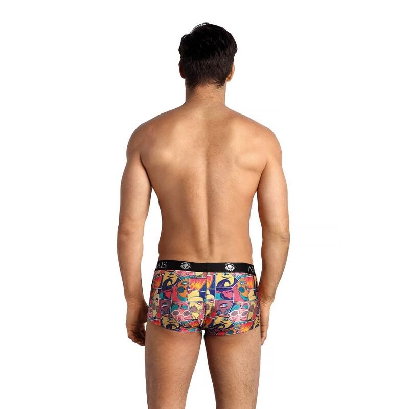 Back view of a man wearing colorful patterned boxer briefs with a black waistband showing brand logos on the sides.