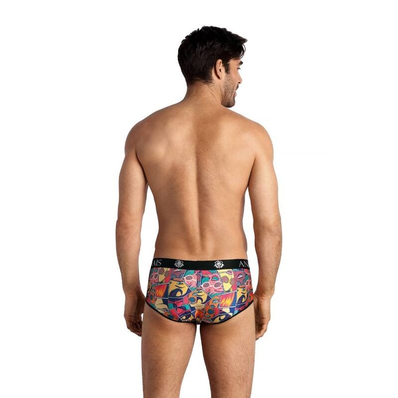 Man with back to camera wearing multicolored printed briefs (underwear).
