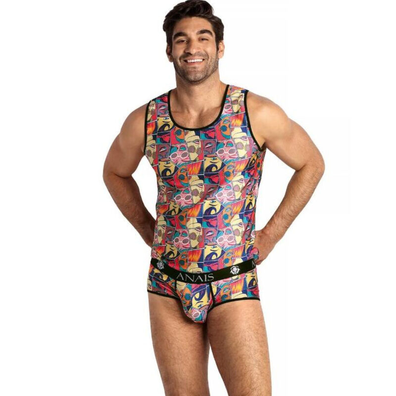 Man modeling a multicolor geometric-patterned tank top and matching briefs with a black ANAIS waistband.
