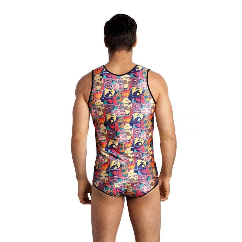 Man wearing a colorful patterned one-piece swimsuit shown from the back, highlighting the full-coverage swimwear design and sleeveless cut.