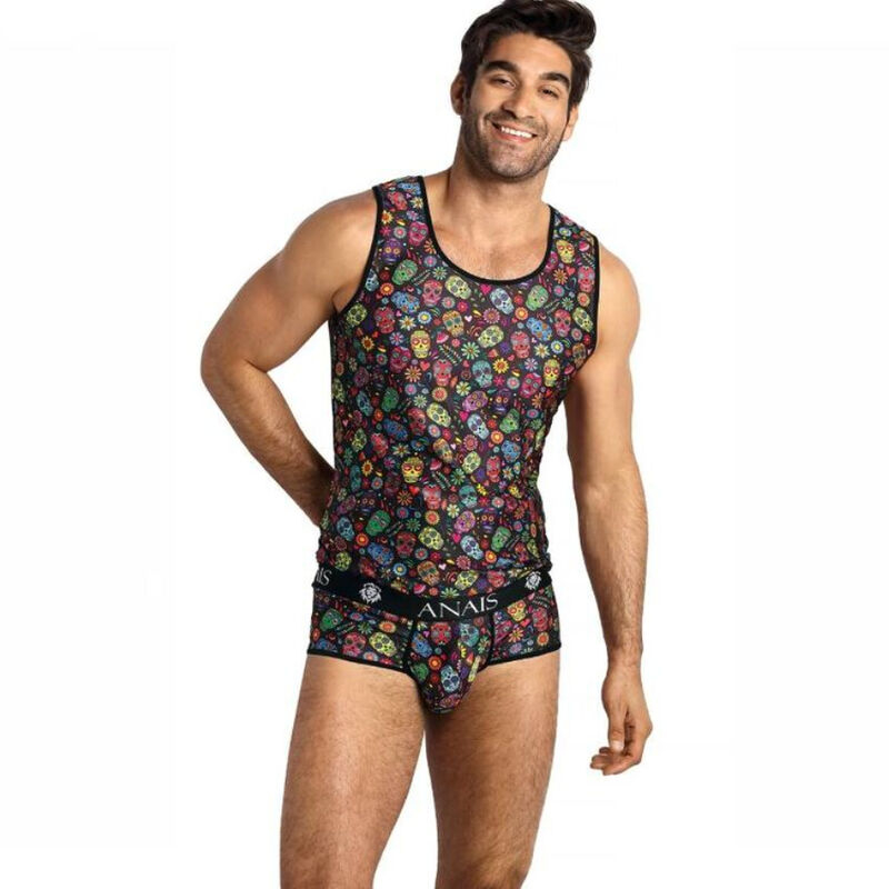 Male model wearing a matching skull-patterned tank top and boxer briefs in a multicolor print, posing with hands on hips