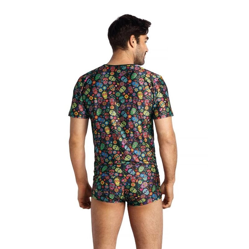 Man seen from behind wearing a matching dark outfit with a colorful skull pattern (shirt and boxer briefs).