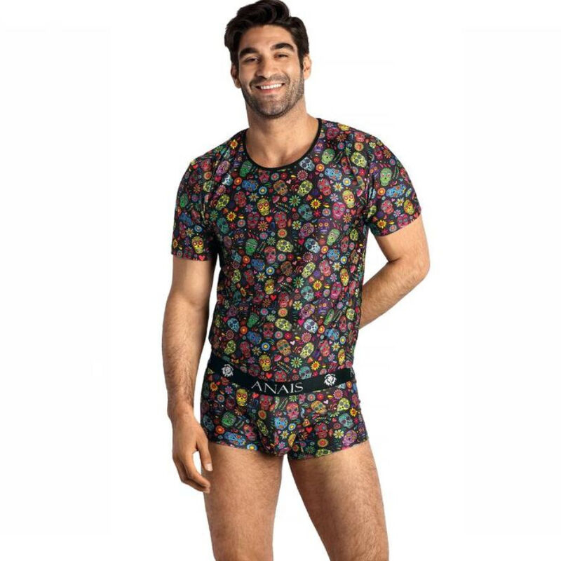 Man modeling a matching skull-patterned black T-shirt and briefs set, with a branded Anaïs waistband visible.