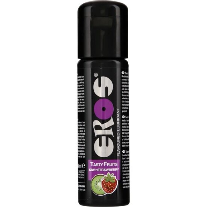 Bottle of EROS flavored lubricant, kiwi-strawberry flavor, black label and cap