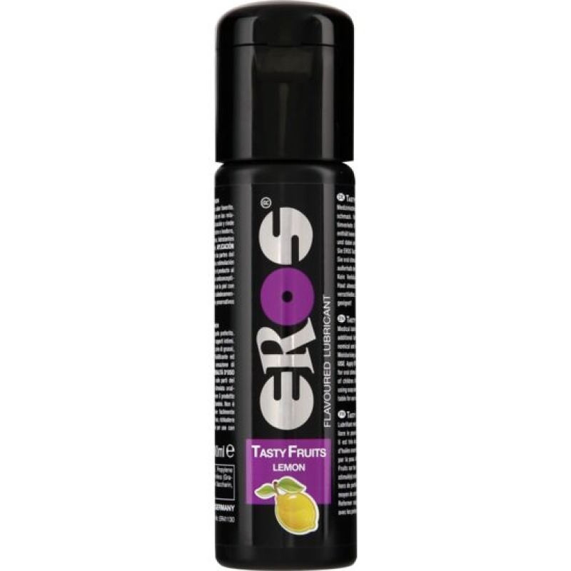 Black bottle of EROS lemon-flavored lubricant with a purple label and lemon illustration on a white background, front view
