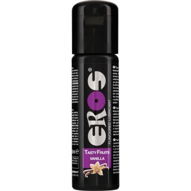 Black SKORE flavored lubricant bottle with purple label reading Vanilla on a compact black container