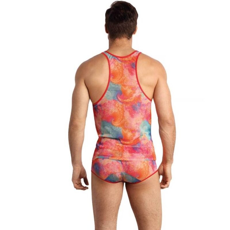 Man seen from behind wearing a colorful tie-dye sleeveless tank top and matching briefs with red trim.