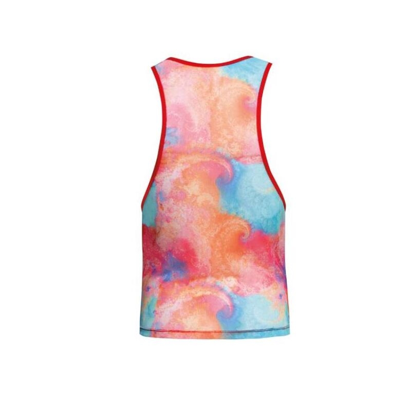 Colorful tie-dye sleeveless tank top with red trim/piping (back view).] , but that non-sensical due to comma; Need proper array. Let's craft properly.
