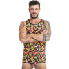 Man with short dark hair and tattoos wearing a colorful banana and lips print sleeveless tank top and matching briefs, arms crossed.