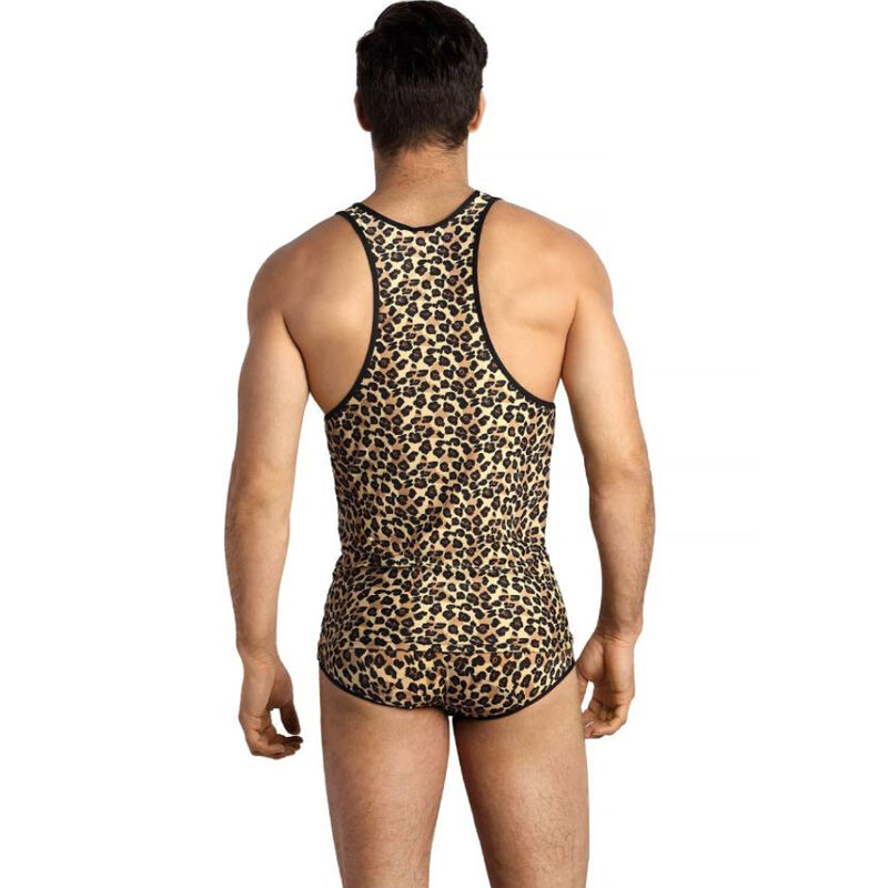 Man standing with back to camera wearing a leopard‑print sleeveless leotard and matching shorts.