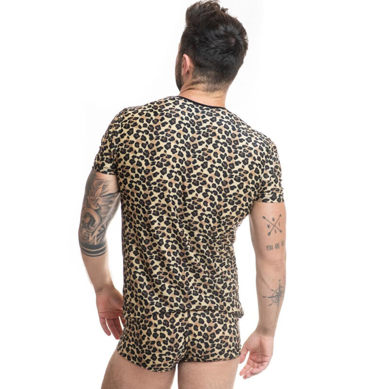 Man facing away from the camera in a tan leopard-print matching T-shirt and shorts; tattoos visible on both arms.