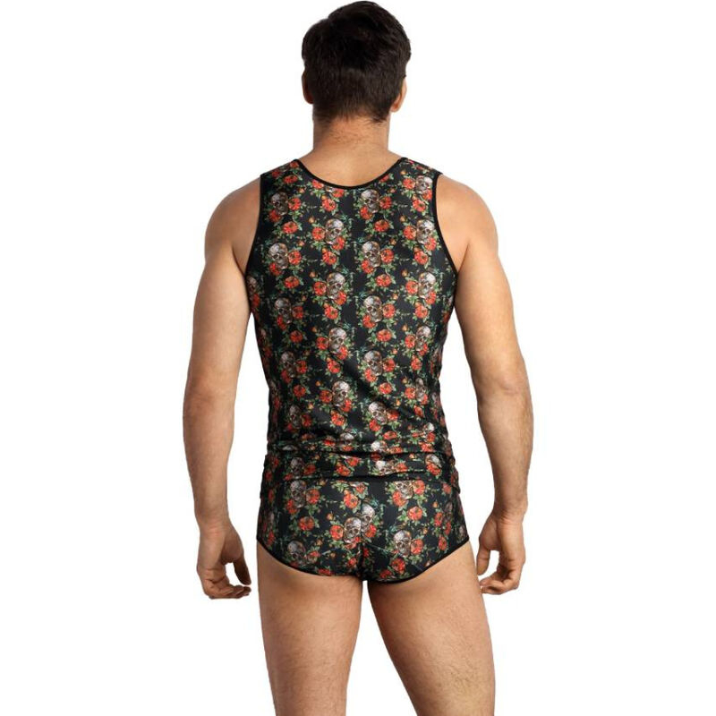 Man wearing a black sleeveless one-piece with a red floral skull pattern, viewed from the back.