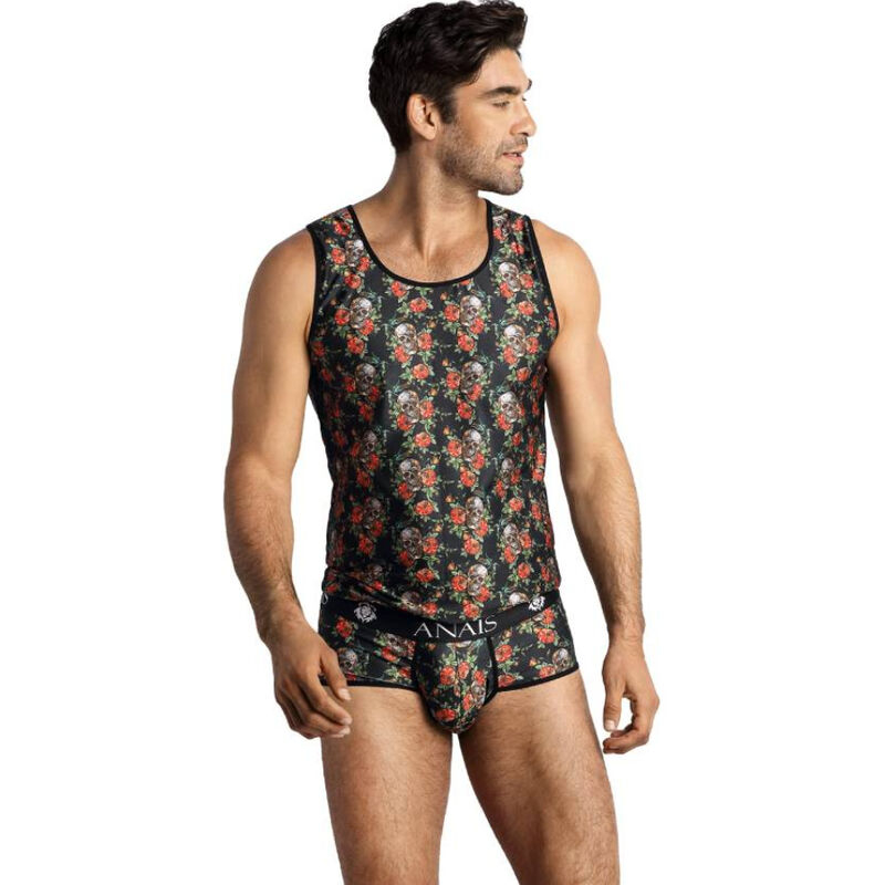 Man modeling a black floral sleeveless top with matching floral briefs; waistband shows 'ANAIS'.