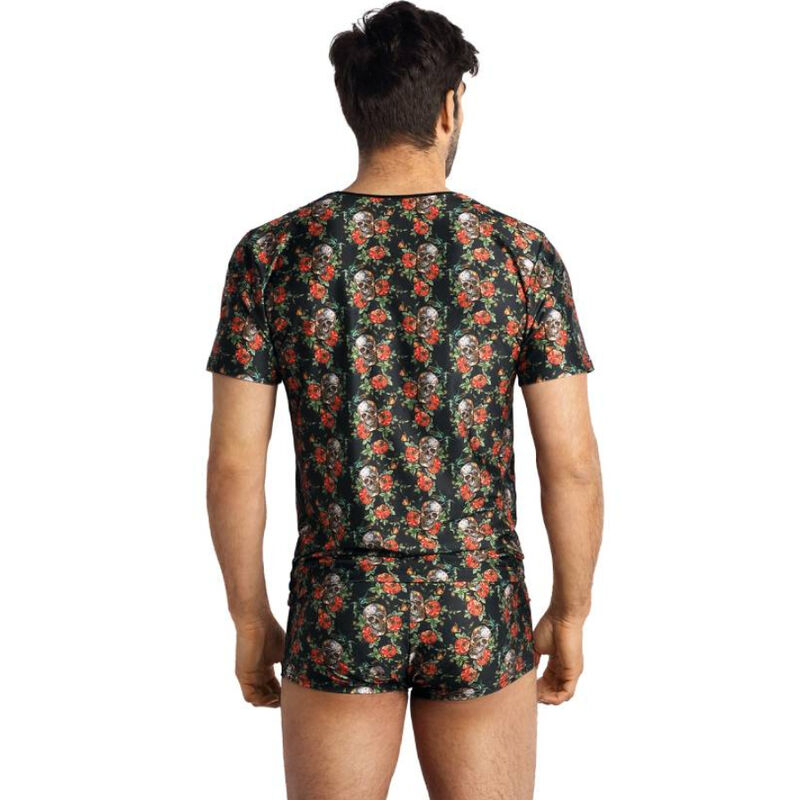 Back view of a man wearing a black floral print T-shirt and matching shorts set.
