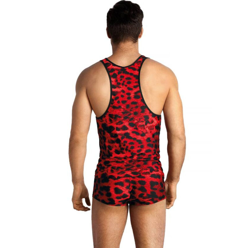 Back view of a man wearing a red and black leopard-print sleeveless athletic singlet and matching shorts.