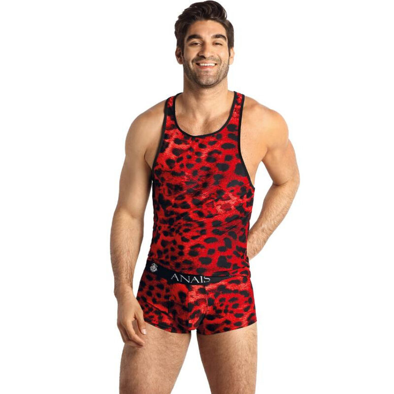 Man modeling a red and black leopard-print athletic singlet and matching briefs by Anais.