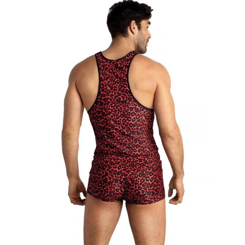 Back view of a man wearing a red leopard-print athletic singlet and matching shorts.