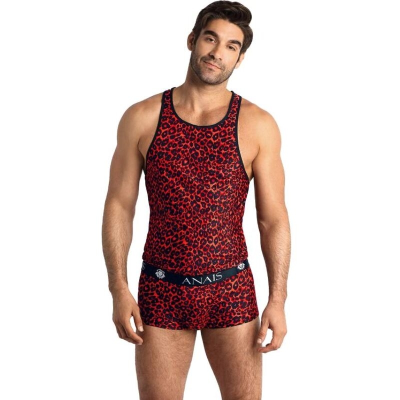 Man modeling a red leopard-print sleeveless tank and matching boxer briefs with a black waistband that reads ANAIS against a white background.
