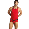 Male model wearing a red sleeveless tank top and matching red briefs with black trim; waistband reads Anais.