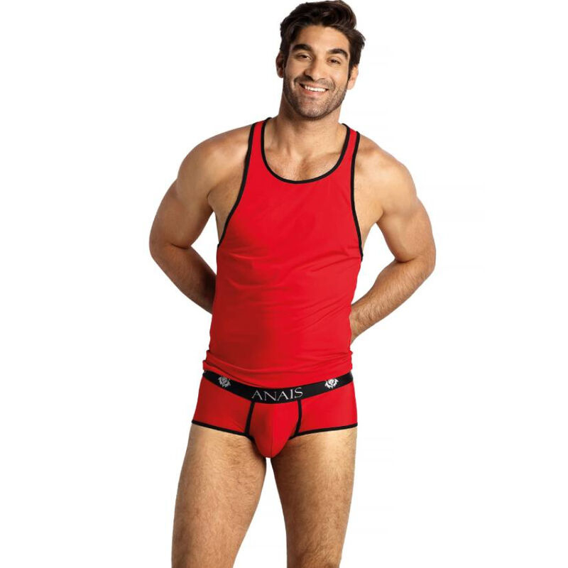 Male model wearing a red sleeveless tank top and matching red briefs with black trim; waistband reads Anais.