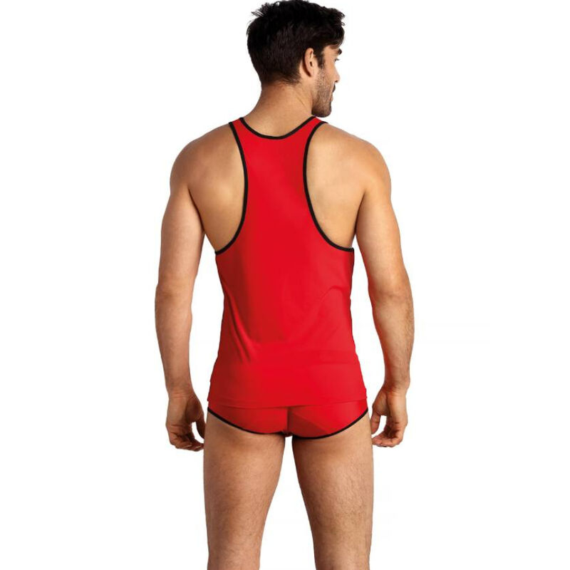 Man in a red athletic tank top and matching red shorts, shown from the back.