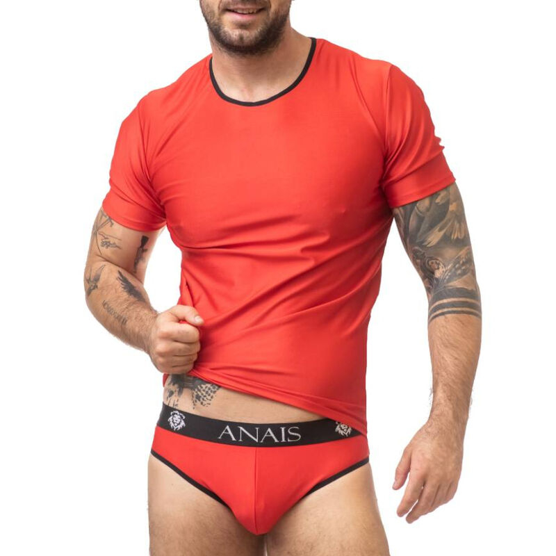 Man wearing a red athletic T-shirt and red underwear with a black waistband labeled 'ANAIS' (product photo showing men's underwear).