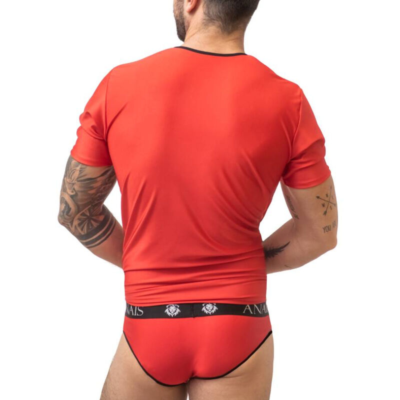 Back view of a man in a red athletic T‑shirt and matching red briefs with a black waistband.