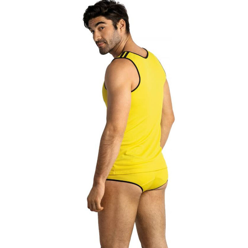 Male model wearing a bright yellow sleeveless tank top and matching yellow briefs with black trim, shown from the back with a slight turn of the head