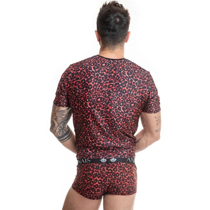 Back view of a man wearing a red leopard-print T-shirt and matching trunks, standing with arms relaxed at his sides.