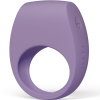 Purple ring-shaped silicone sex toy with a small plus control on the side, viewed from an angled perspective.