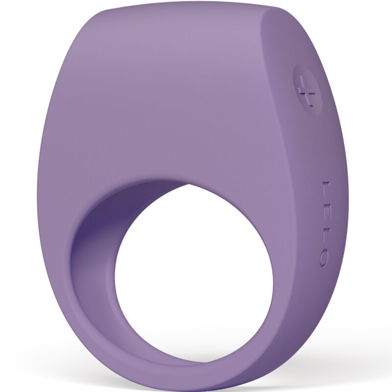 Purple ring-shaped silicone sex toy with a small plus control on the side, viewed from an angled perspective.