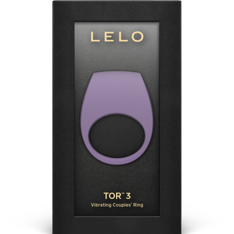 LELO TOR 3 vibrating couples’ ring in purple on black packaging with gold branding text.TOR 3 vibrates for couples on the box surface.