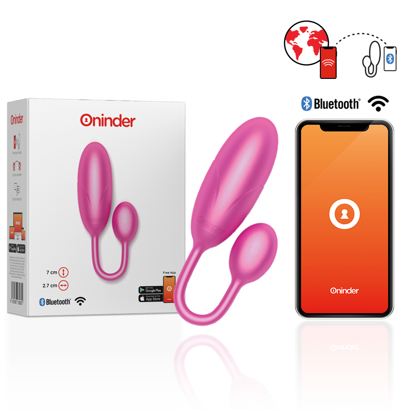 Pink silicone wireless vibrator with a detachable remote, shown with its box and a smartphone app for control via Bluetooth, symbolizing a Bluetooth-enabled sex toy kit.