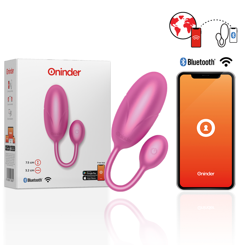 Pink wireless dual vibrator with a small remote, controllable via Bluetooth app on a smartphone (Oninder product).