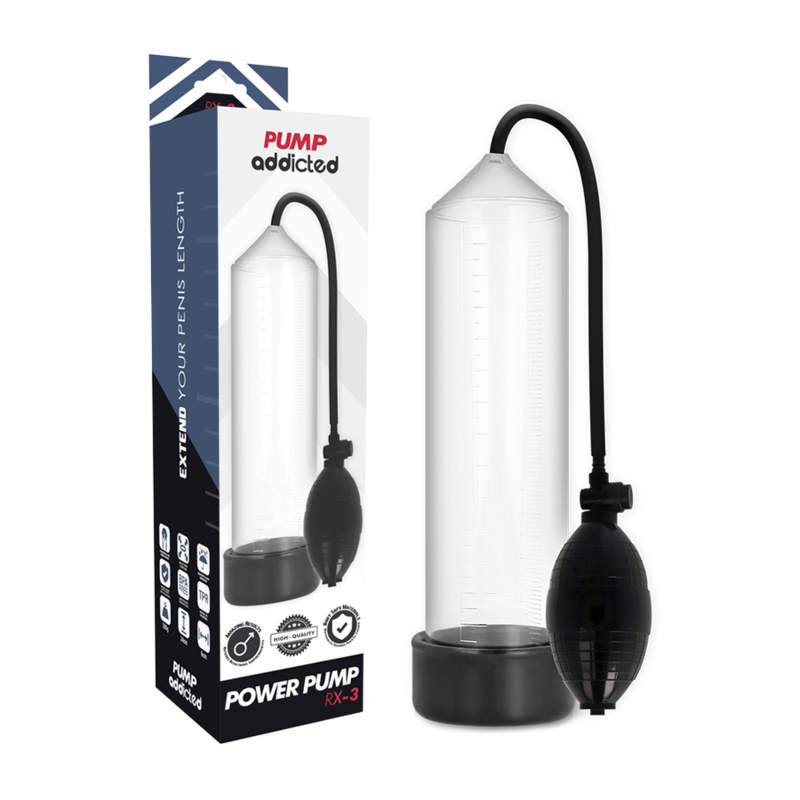 Penis pump with transparent cylinder, black hose and bulb, displayed with its Power Pump RX-3 packaging.