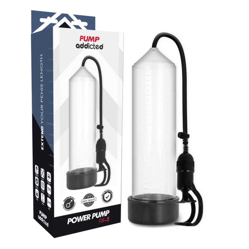 Clear penis pump cylinder with black hand pump, shown beside its RX-5 packaging box.