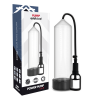 Clear penile vacuum pump with a black hand pump beside its packaging labeled Power Pump RX-7 (adult sex toy).