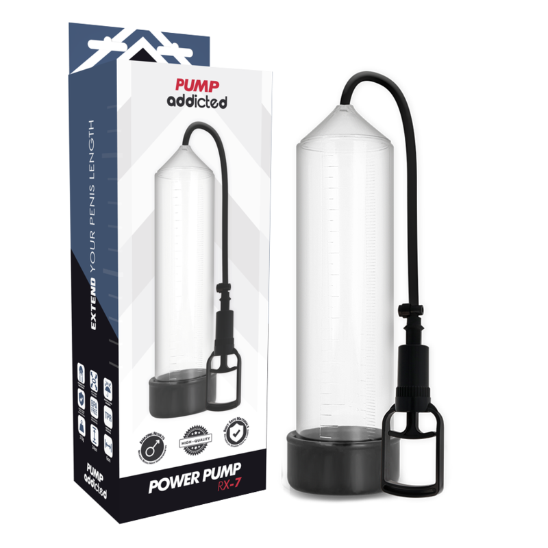 Clear penile vacuum pump with a black hand pump beside its packaging labeled Power Pump RX-7 (adult sex toy).