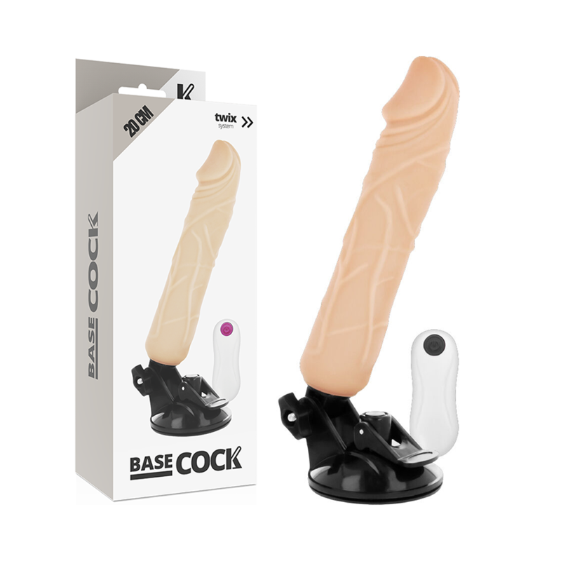 Beige dildo with suction base shown next to its white retail box labeled Base Cock and Twix system.