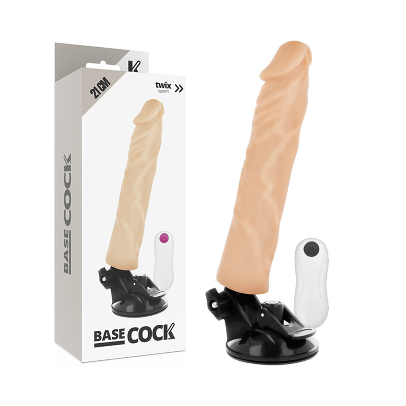 Beige dildo sex toy with suction base, shown with white remote and packaging labeled Base Cock.