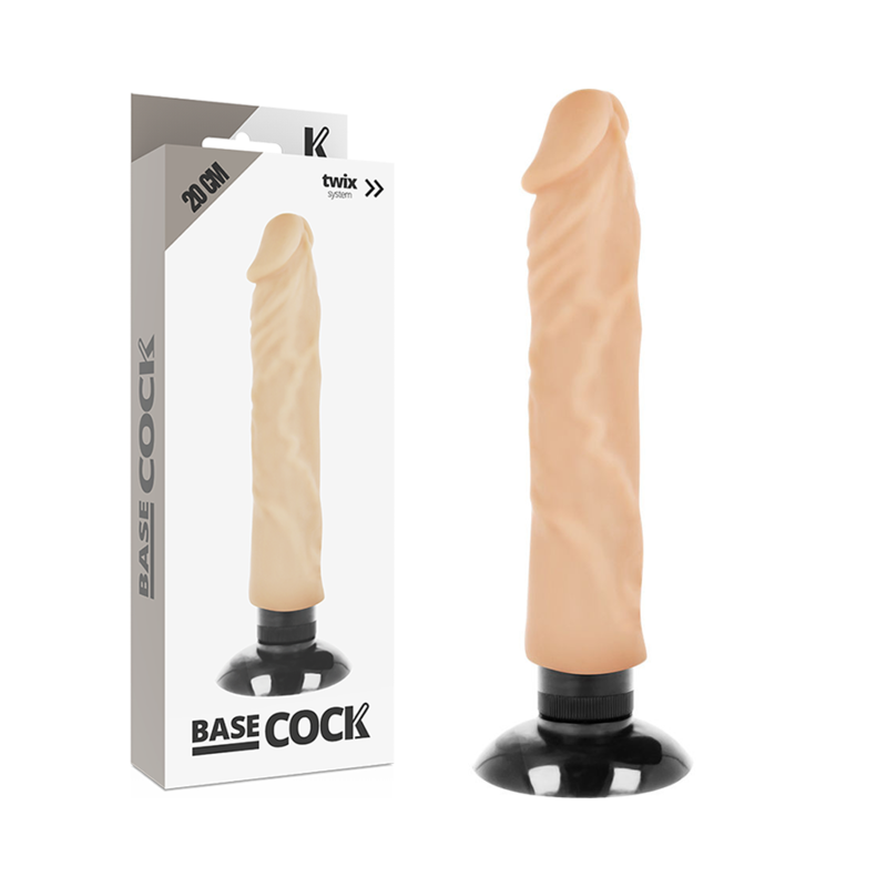 Beige dildo with suction base standing beside its gray-and-white box labeled BASE COCK and Twix branding.