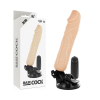 Beige dildo on a black suction-base stand, shown next to its white packaging labeled BASE COCK.