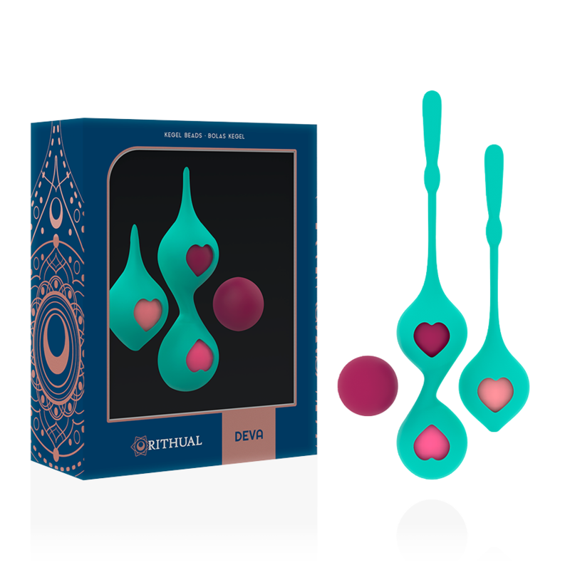 Teal Kegel beads with pink heart inserts beside a blue Deva packaging box.