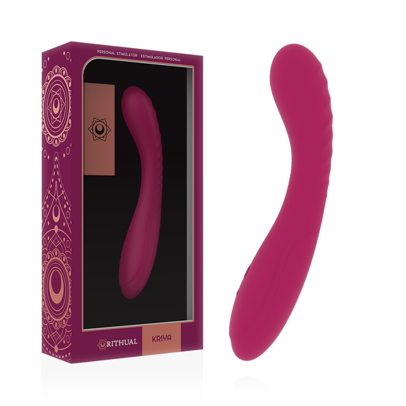 Pink curved vibrator beside its purple packaging labeled 'Personal Stimulator' with Rithual Kriya branding, shown on a white background.