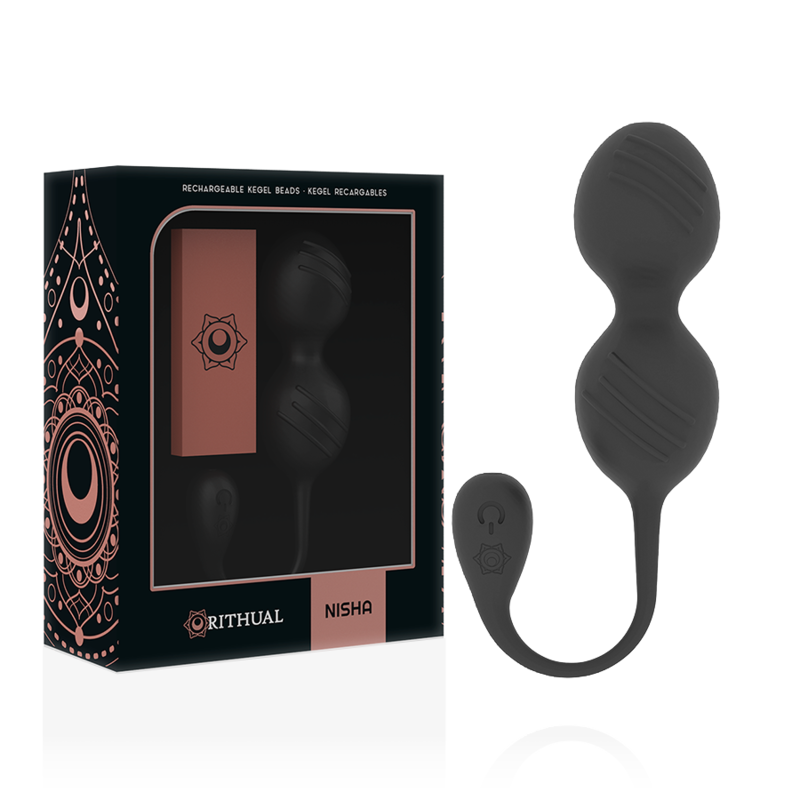 Boxed Rithual Nisha silicone kegel beads with a curved tether and dual bulbs beside the packaging.