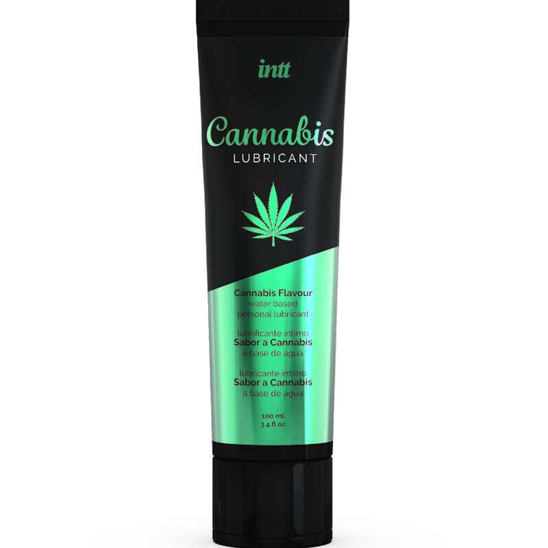 Tube of intt Cannabis Lubricant with a green cannabis leaf logo, green gradient lower half, labeled water-based personal lubricant (100 ml).