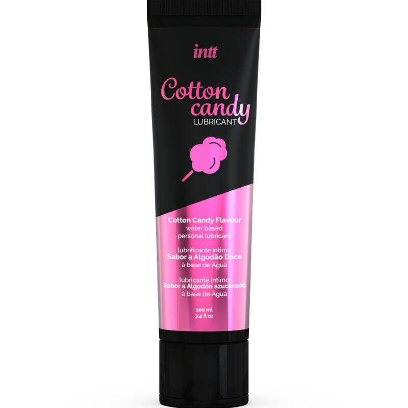 Lubricant tube with pink and black packaging reading 'Cotton Candy' flavor, water-based personal lubricant