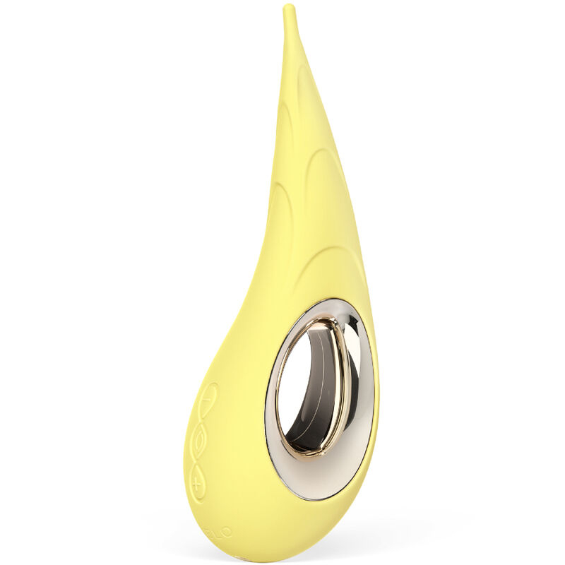 Yellow silicone personal massager/vibrator with a curved shape and metallic dial at the base, designed for intimate use.