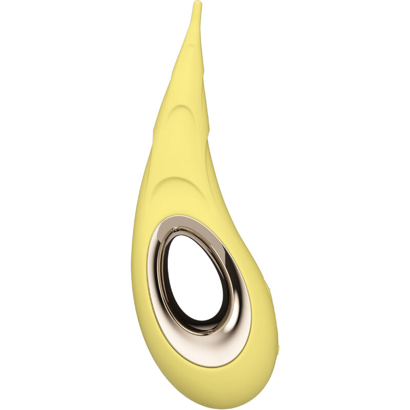 Yellow silicone handheld massager with a circular metal ring at the base.