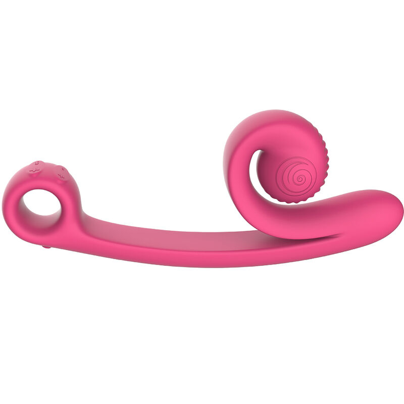 Pink silicone dual-action vibrator with a curved shaft and a looping clitoral stimulator, designed for vaginal and external stimulation.